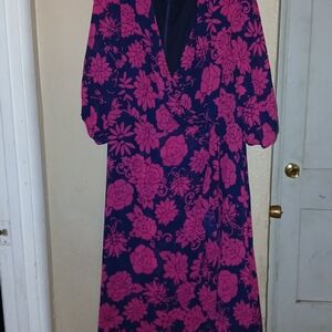 Maison Tara Pink and Blue Floral Midi Dress